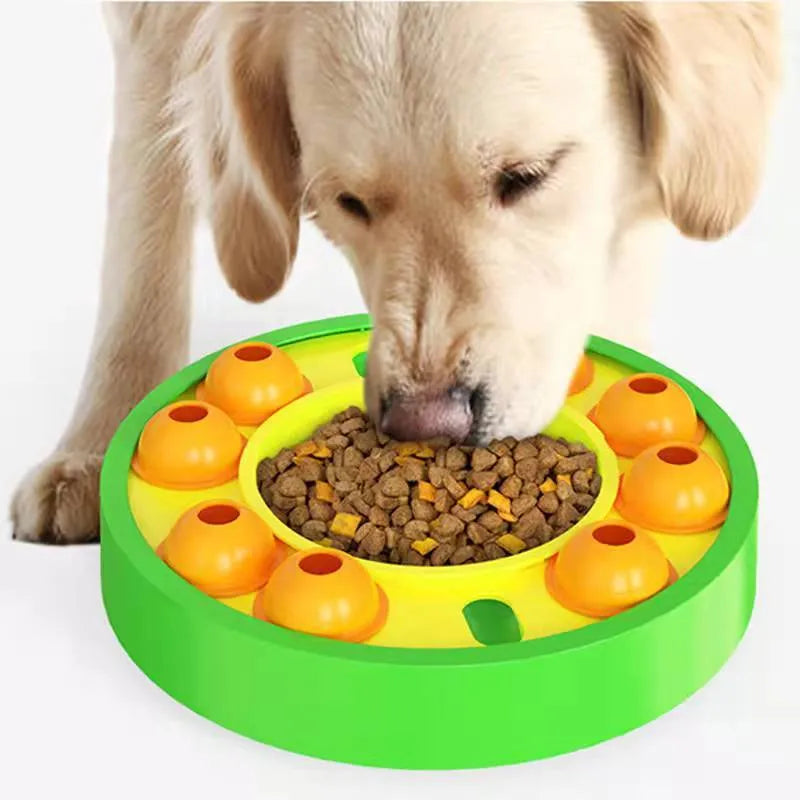 Lake Blue and Green interactive dog puzzle feeder bowl with slow-feeding column and non-slip rubber pads.