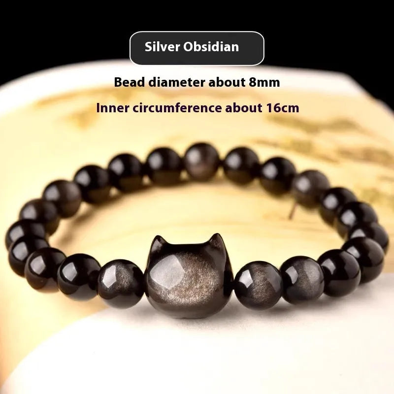 Obsidian cat head bracelet with round stone beads in gold or silver style
