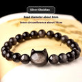 Obsidian cat head bracelet with round stone beads in gold or silver style