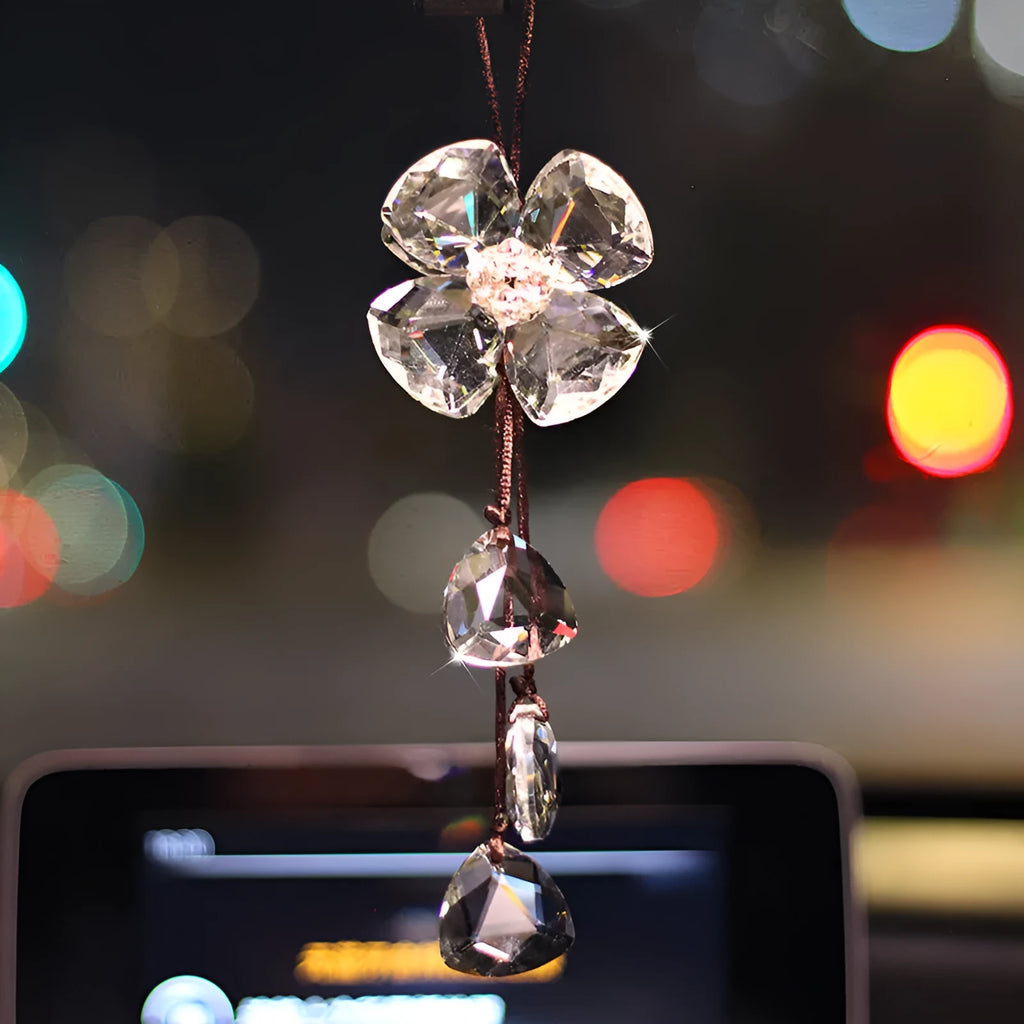 Crystal four leaf grass car pendant hanging, approximately 20cm long, in champagne colour option