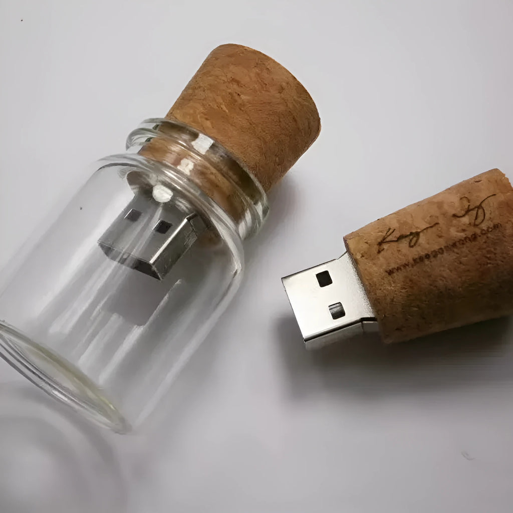Transparent USB flash drive showing a wooden bottle model inside, dimensions 60mm by 28mm.