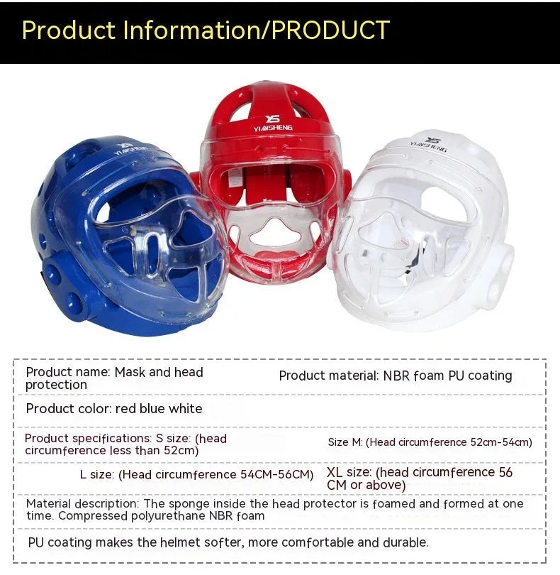 A white, blue, and red karate boxing helmet with chin strap for head protection.
