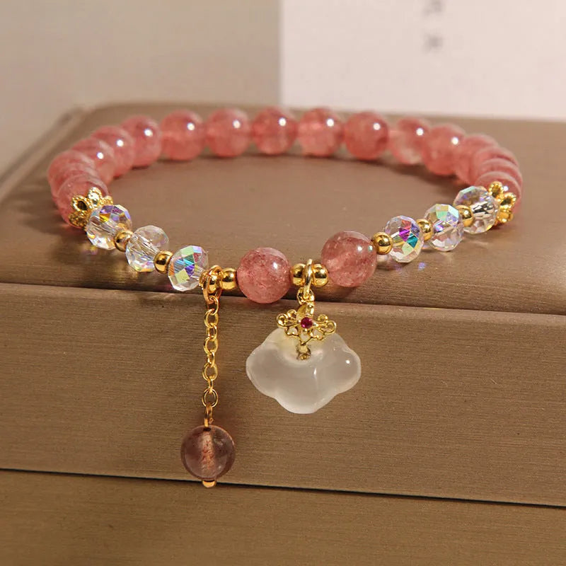 Women's natural strawberry quartz and white agate crystal bracelet with auspicious cloud pattern on elastic string