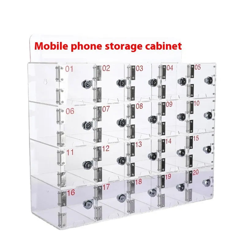 Clear acrylic mobile phone storage cabinet with charging holes, multiple compartments for office desk organisation