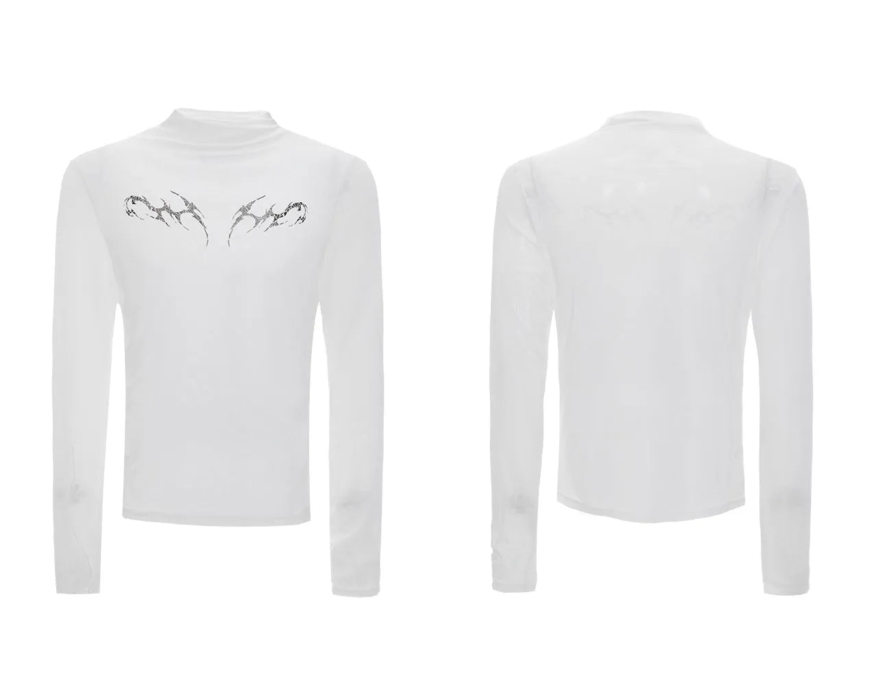 Black and white long sleeve mesh slim fit shirt laid flat, showing mesh fabric texture.
