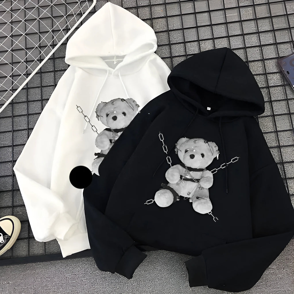 Black womens Japanese gothic print cotton hoodie sweatshirt front view