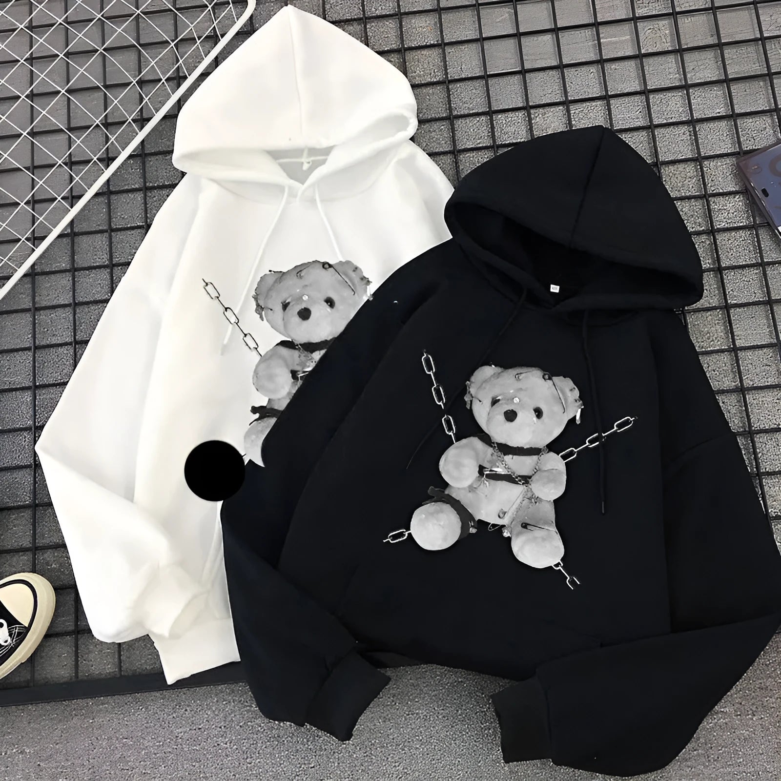 Black womens Japanese gothic print cotton hoodie sweatshirt front view