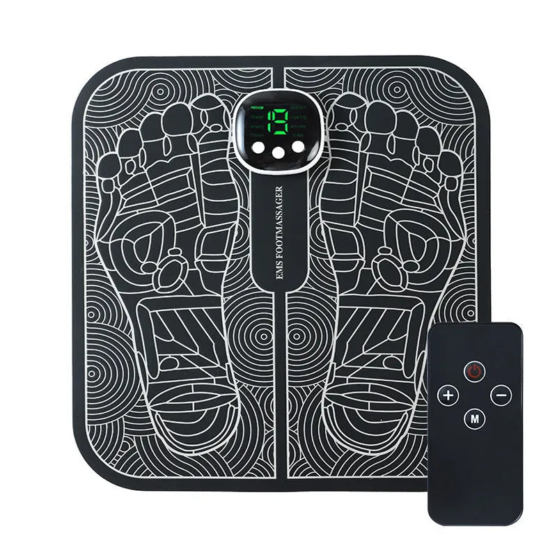USB rechargeable reflexology foot massager mat with push-button controls and orange or blue foot pad options