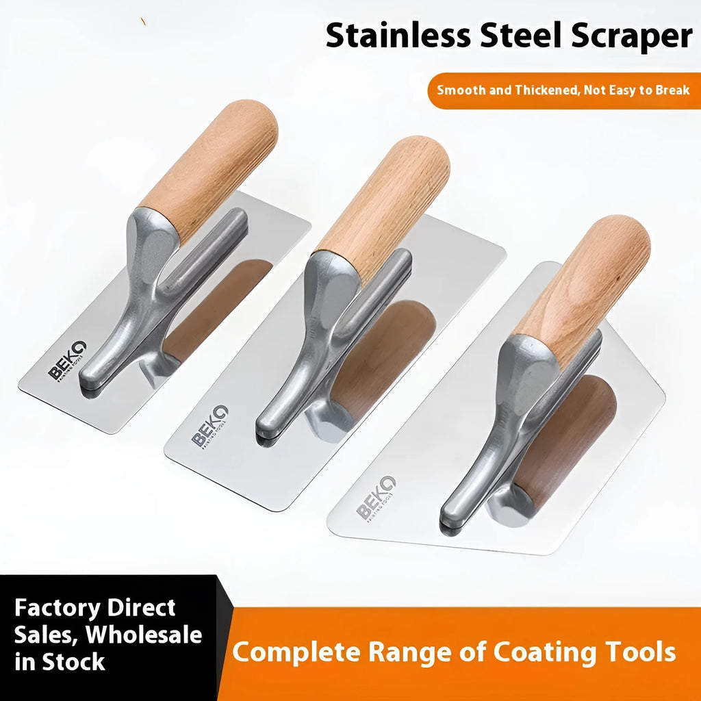 Set of three stainless steel putty scrapers with wooden handles in 70mm, 80mm, and 110mm blade sizes.