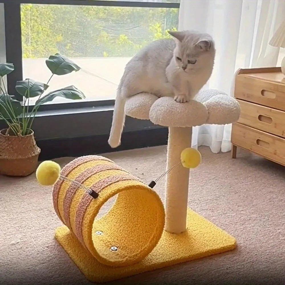 Yellow cat scratching post climbing frame with sisal board and fabric tunnel
