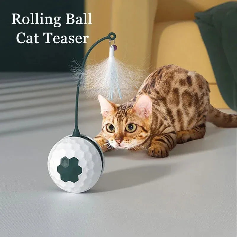 Self-moving cat teaser stick with feather and hemp rope attachments on a red base with USB charging cable