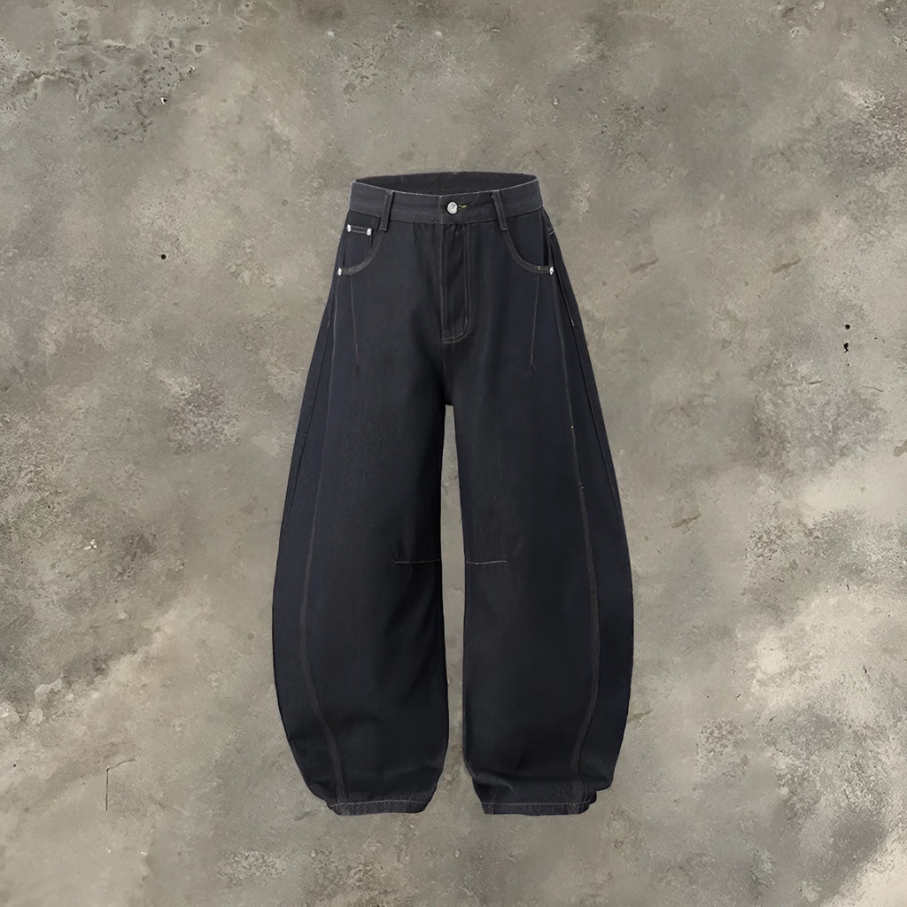 Men's wide leg denim trousers in original cow colour cotton fabric with mid-waist fit