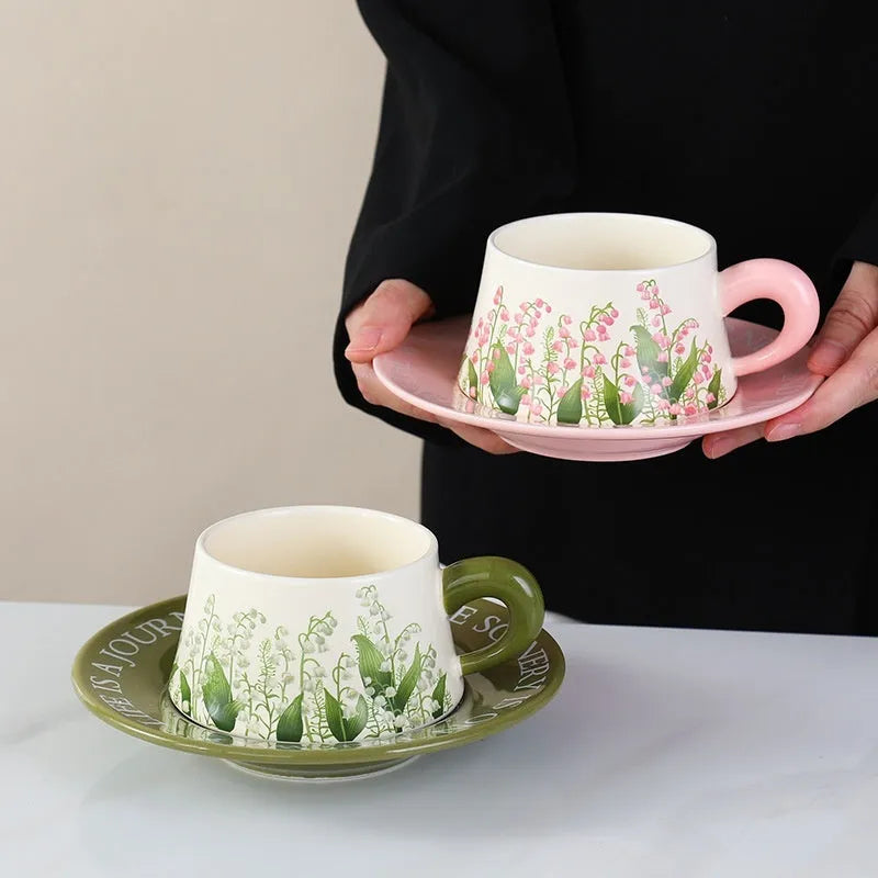Ceramic coffee cup and saucer set for couples with two cups, saucers, and spoons