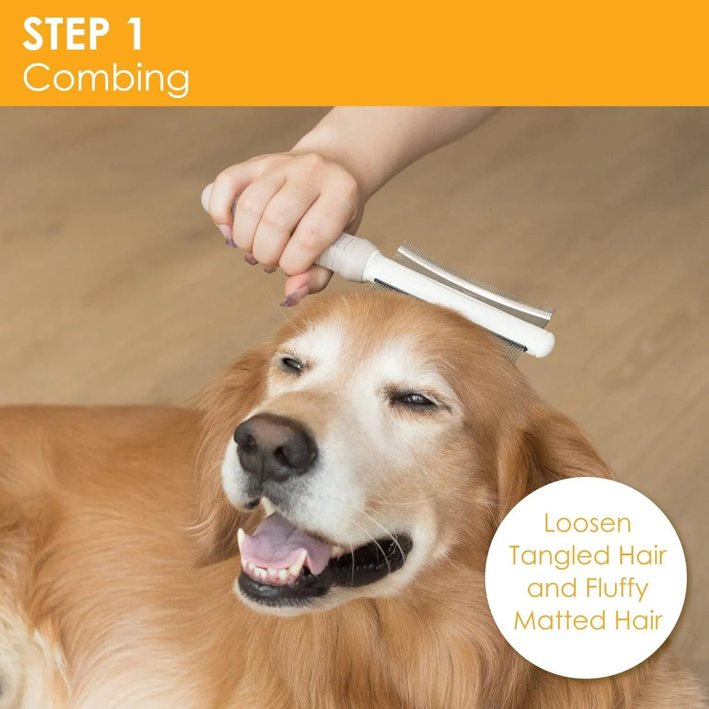 White double-sided pet grooming brush with curved design and comfort-grip handle for dogs and cats
