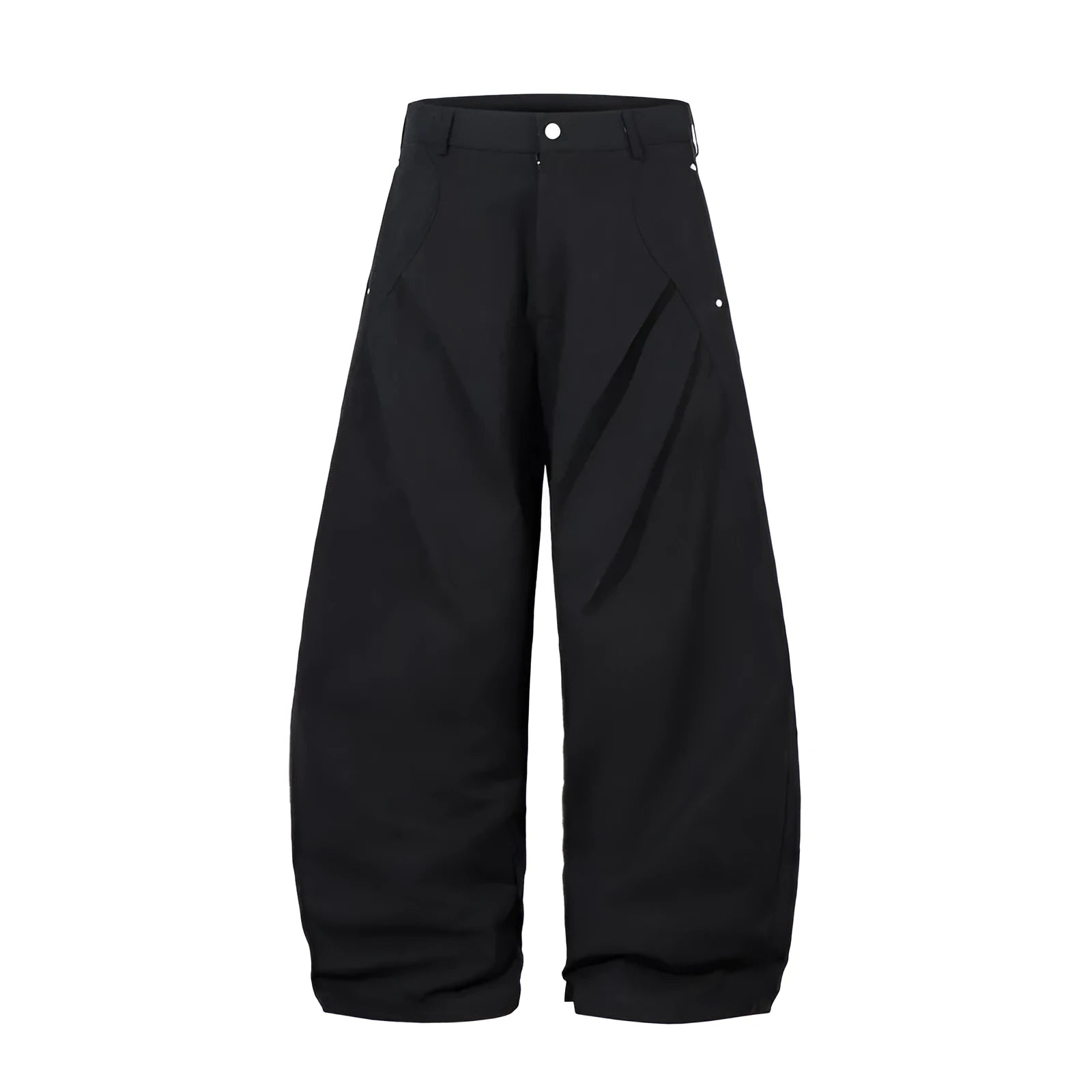 Man wearing black pleated wide-leg casual cotton trousers in a loose fit.