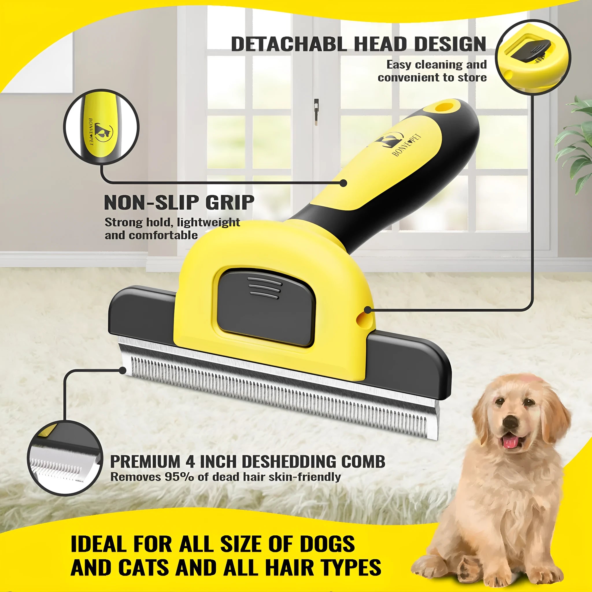 Dual-sided dog grooming comb showing stainless steel hair removal teeth and plastic knot untangling teeth