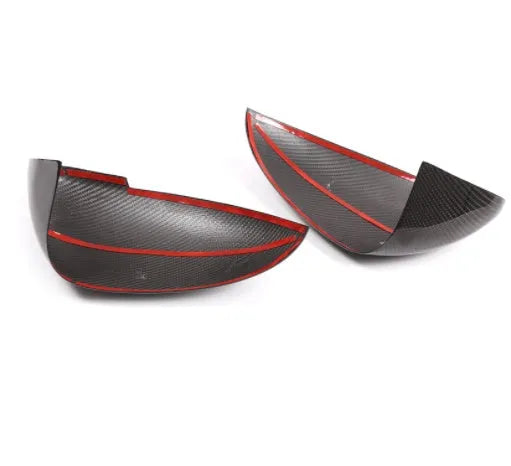Black true carbon fibre rearview mirror covers for 14-22 Porsche Macan with visible weave texture