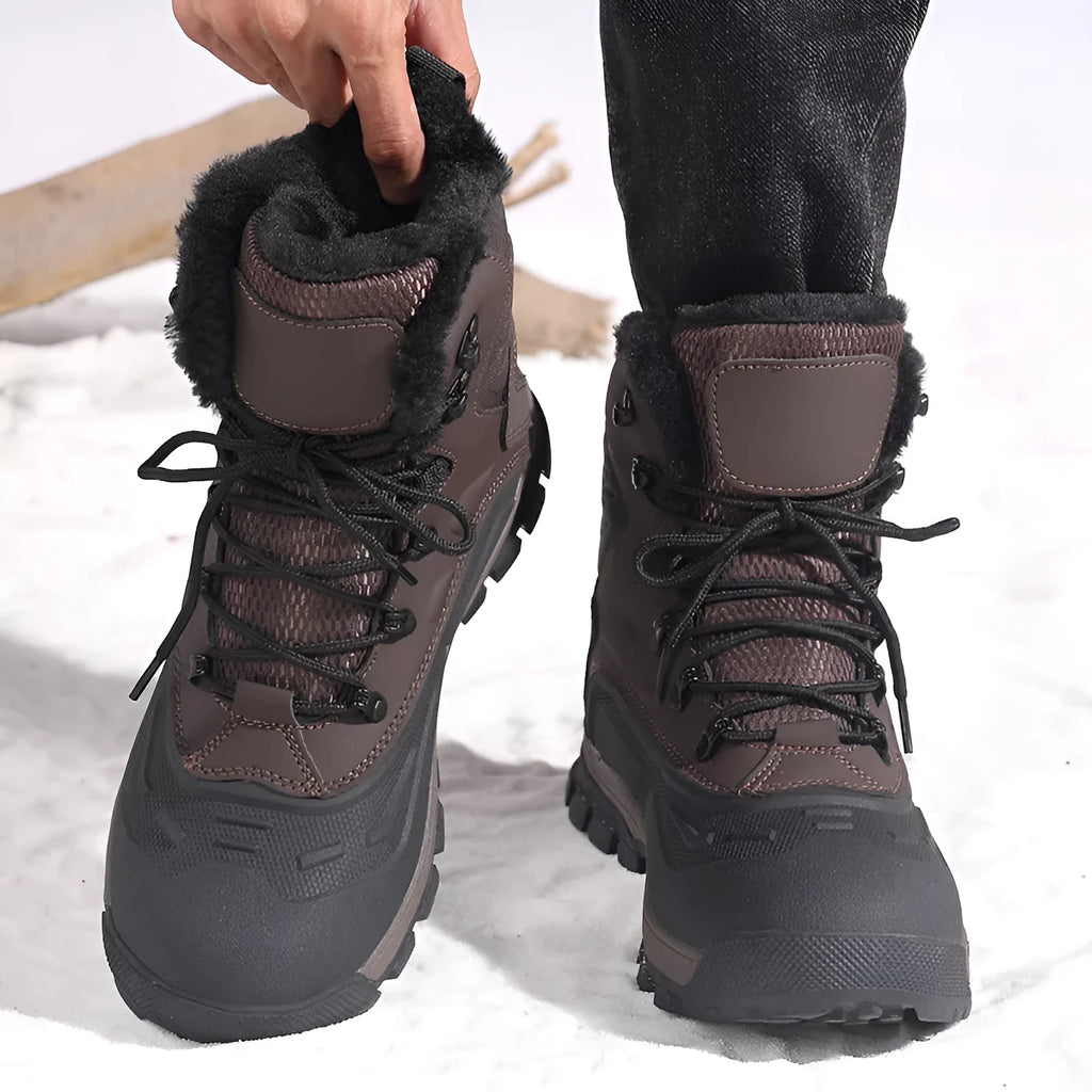 Men's black high-top boots with fleece lining, flat heel, and lace-up front on a ribbed TPR sole.