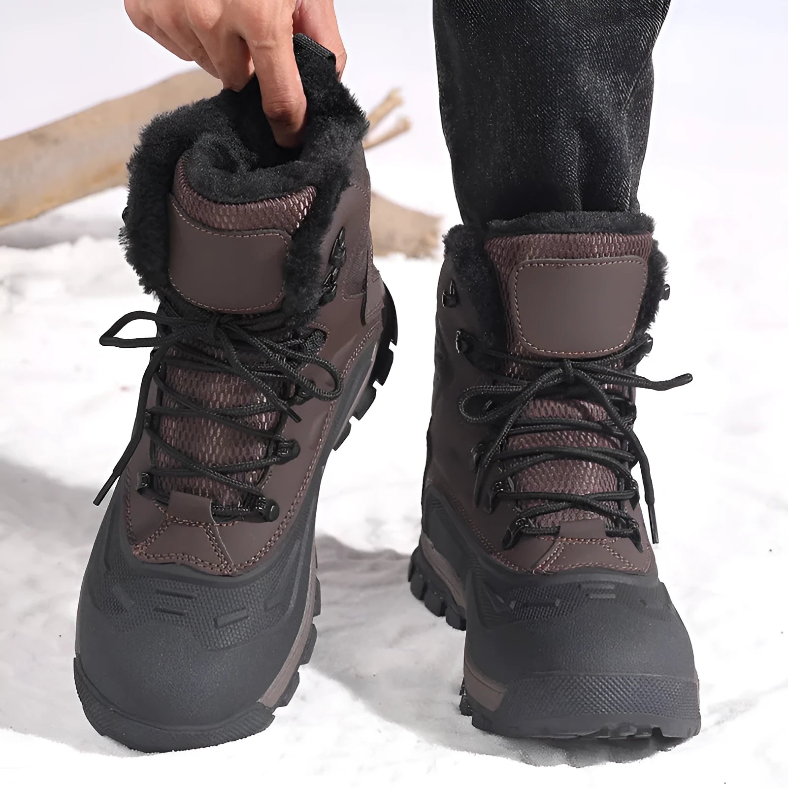 Men's black high-top boots with fleece lining, flat heel, and lace-up front on a ribbed TPR sole.