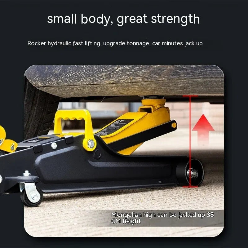 Horizontal hydraulic trolley car jack with handle for tyre changes