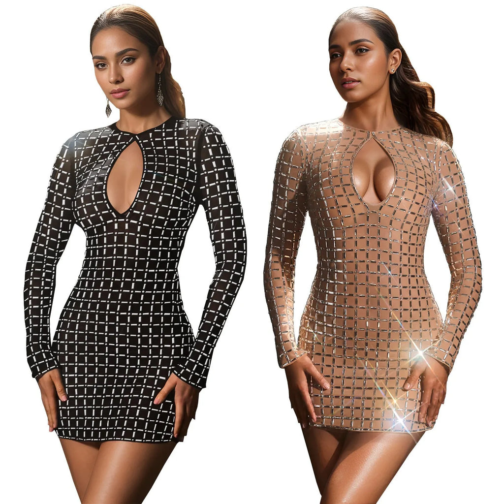 Women's backless rhinestone long sleeve dress in black, short skirt, polyester fabric, sizes S to XXL