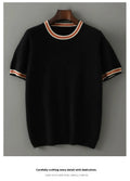 Men's grey pure wool short sleeve round neck pullover sweater on a hanger.