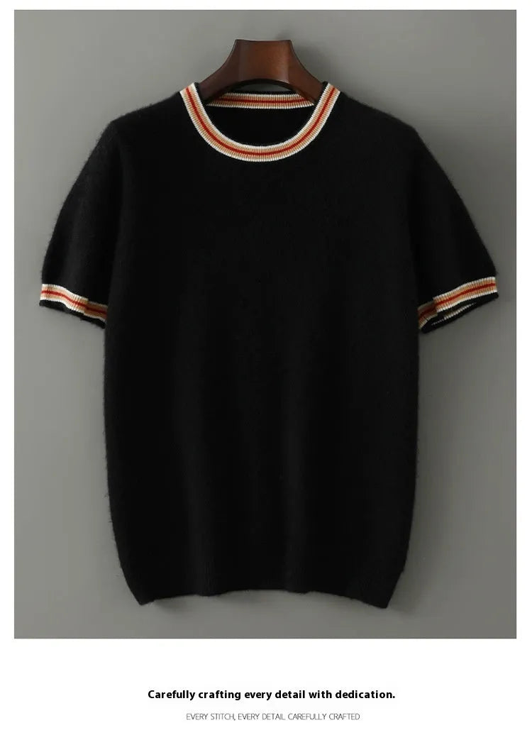 Men's grey pure wool short sleeve round neck pullover sweater on a hanger.