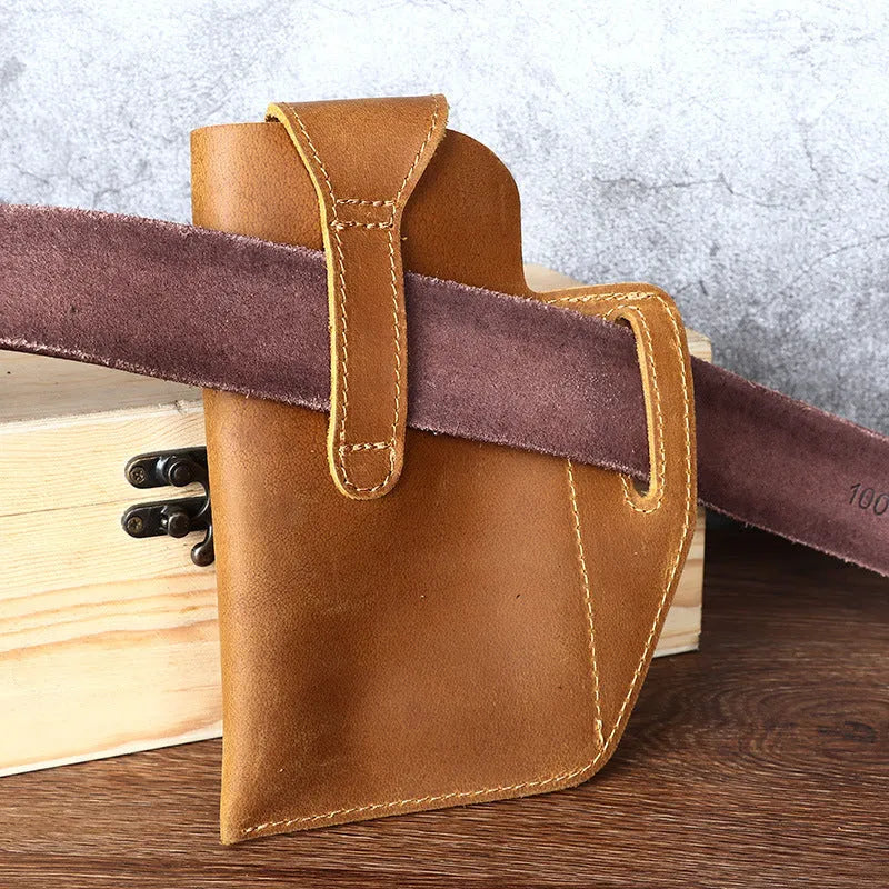 Men's brown leather phone hanging belt bag with car suture stitching showing cover opening and belt attachment