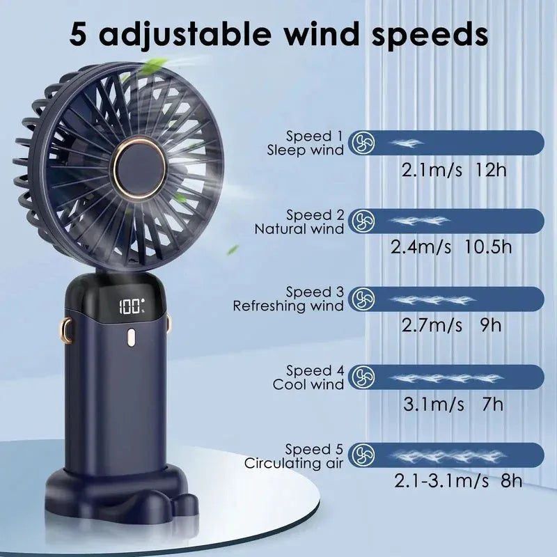 Mini portable handheld electric fan in blue with foldable design and LED battery display