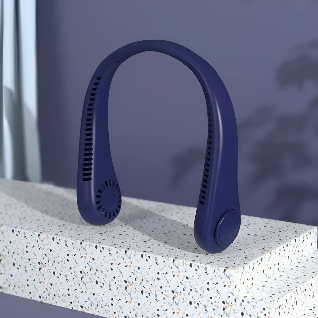 Blue-coloured USB rechargeable bladeless neck fan worn around the neck.