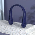 Blue-coloured USB rechargeable bladeless neck fan worn around the neck.