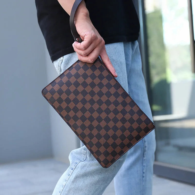 Men's black checkered PU leather clutch showing card slots and zipper pocket
