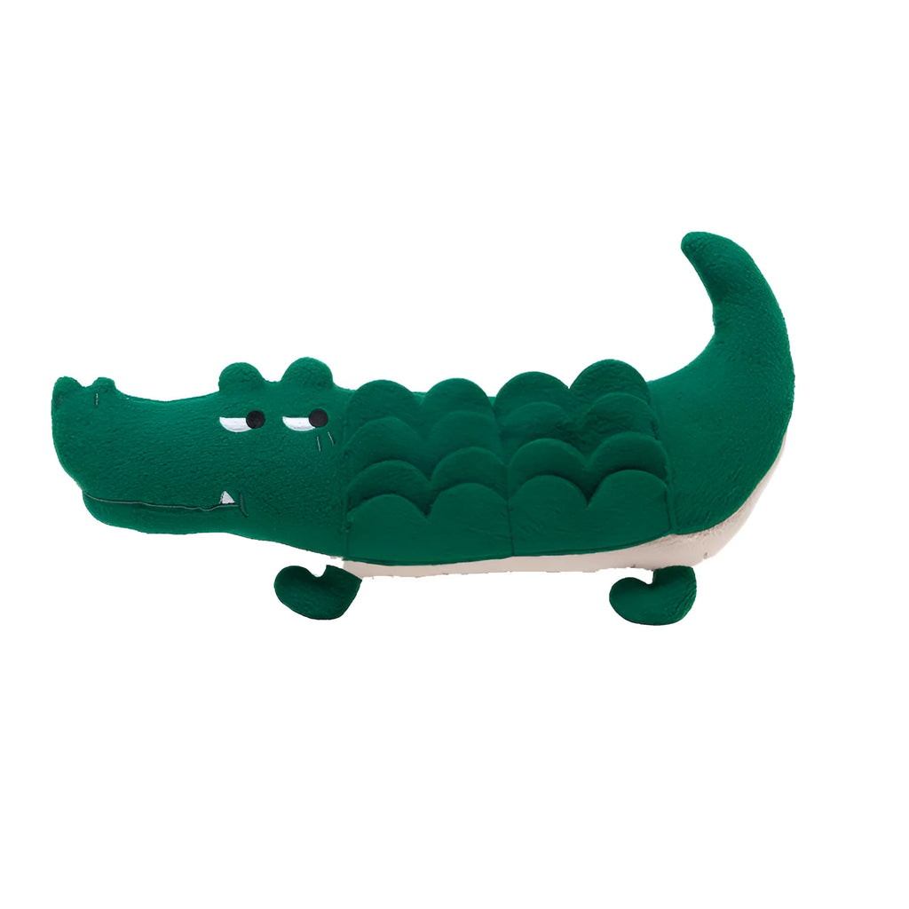 Green durable interactive plush toy dog, 35cm long, for children's play.