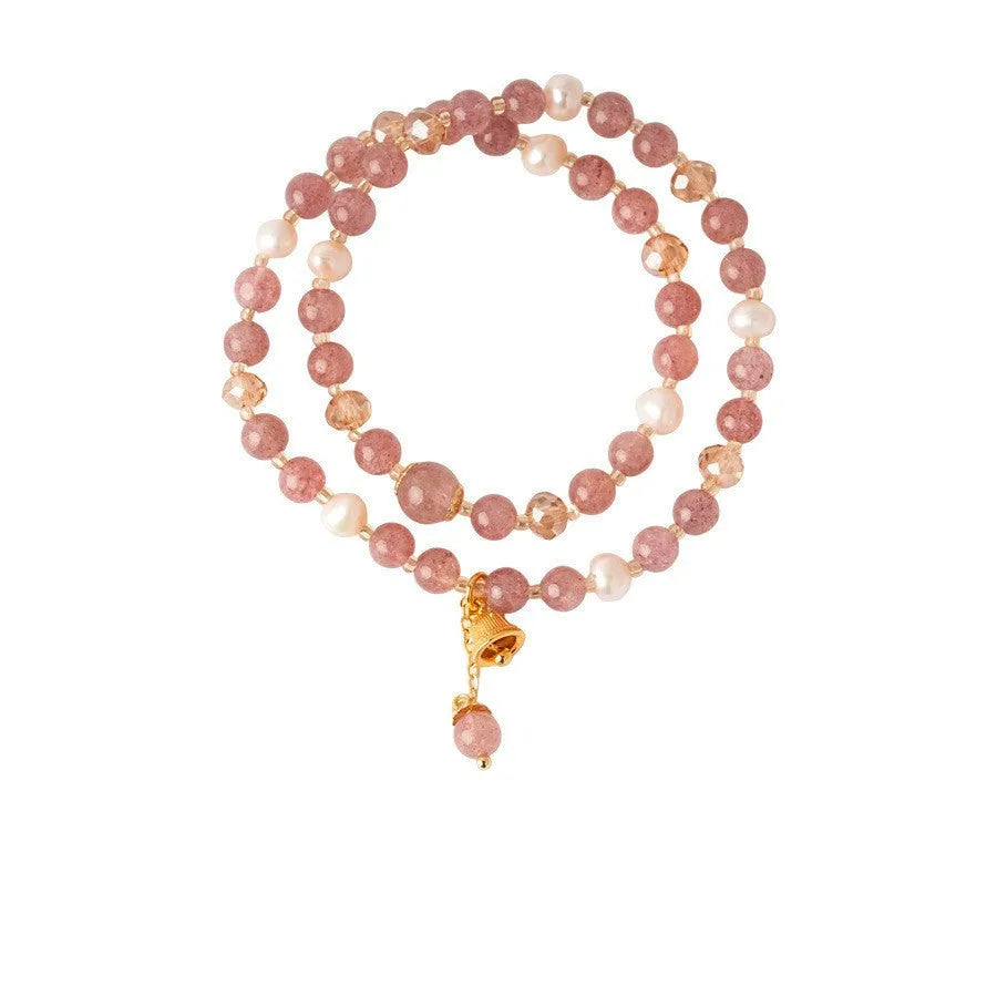 Double-layer strawberry quartz pearl bell bracelet for women, electroplated finish, geometric shape