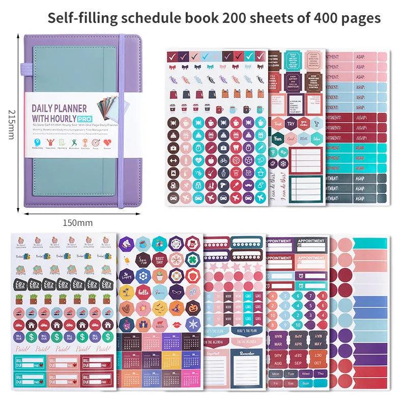No-date notebook with thread binding, PU cover in multiple colours, shown open on 80g wood-free paper.