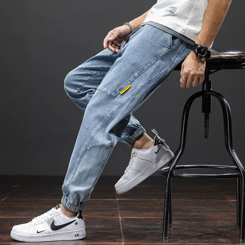 Men's loose cargo casual jeans Korean style thin straight leg trousers micro elasticity
