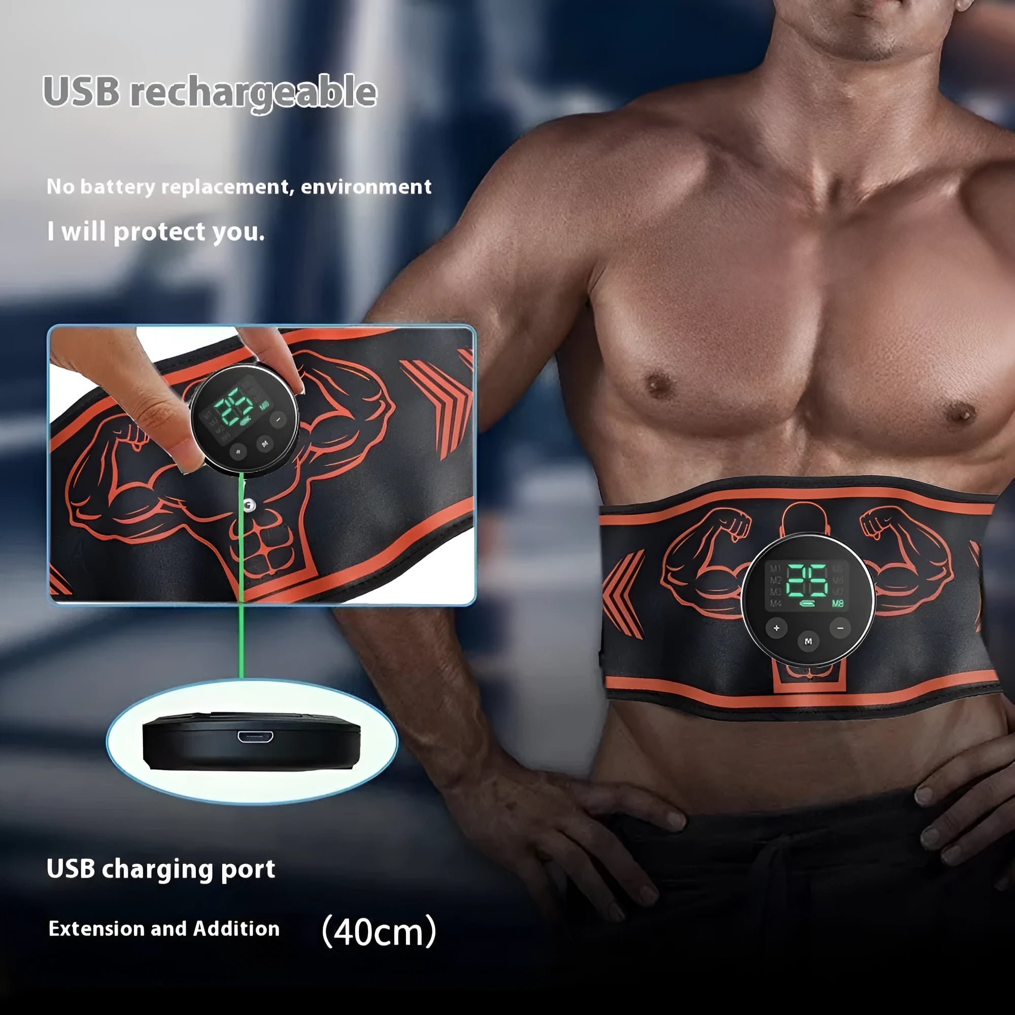 Blue and orange rechargeable EMS fitness massage belts with host units and arm stickers.