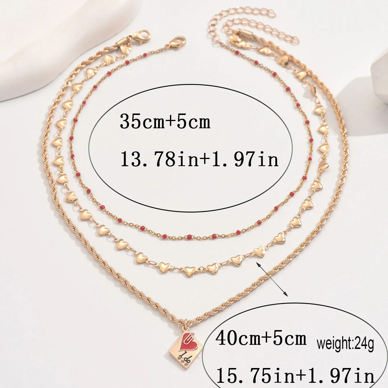 Three-layer geometric heart pendant on an adjustable zinc alloy clavicle necklace.