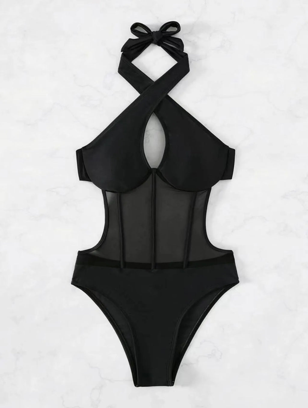 Black one-piece bikini swimsuit for women on a mannequin, showing the front design.