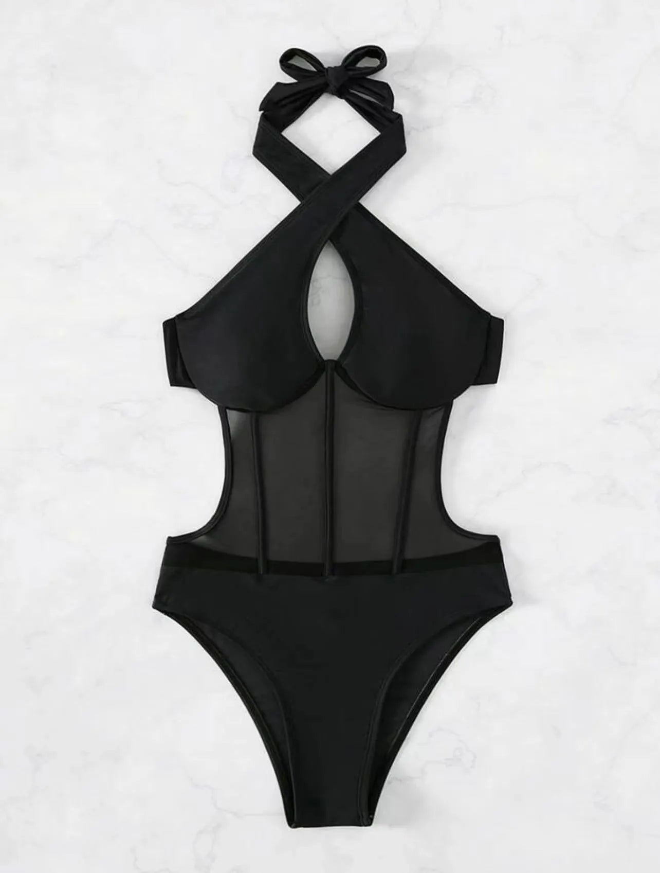 Black one-piece bikini swimsuit for women on a mannequin, showing the front design.