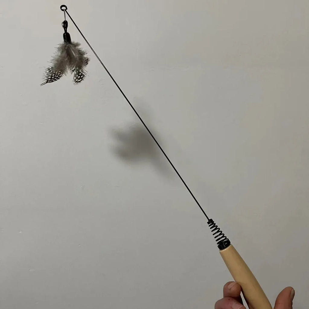 Wooden handle cat teasing stick with feather bell replacement head in choice of four colours