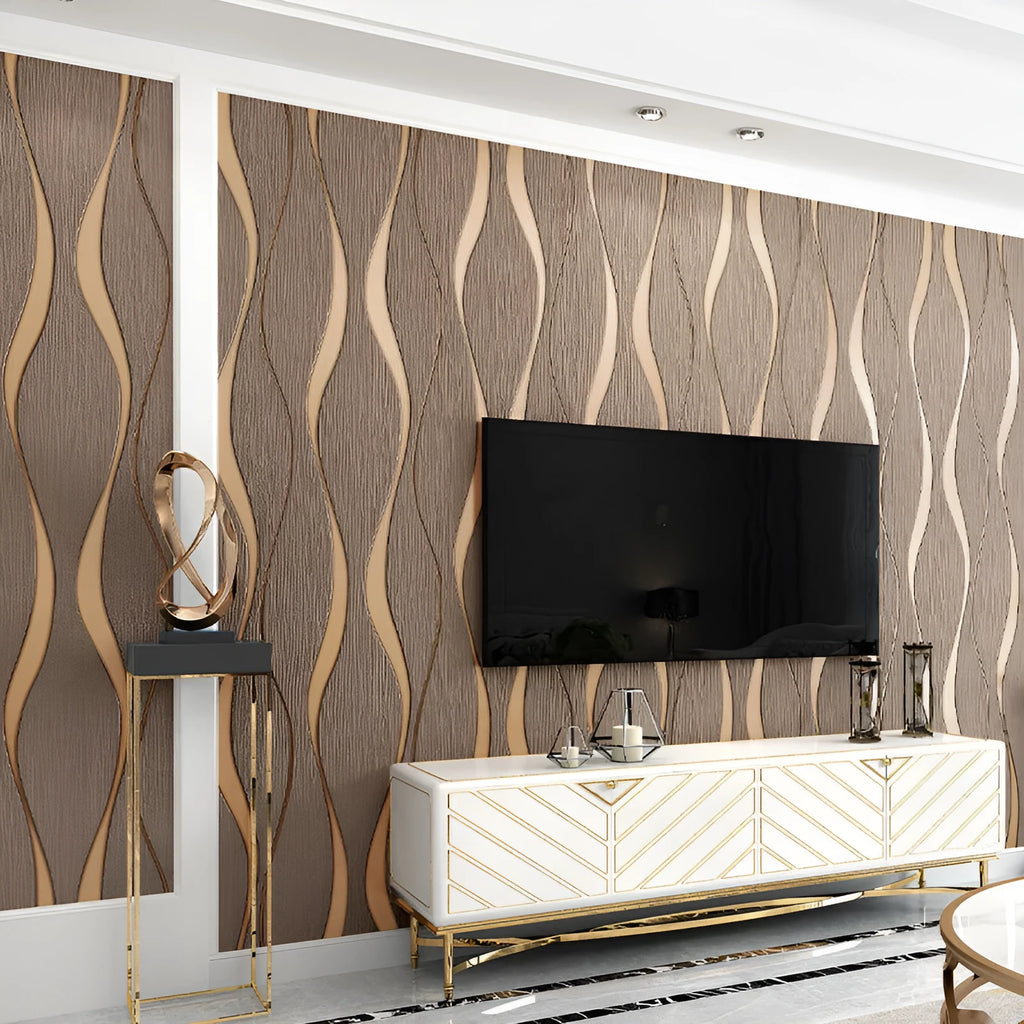 Close-up of light grey curve stripe 3D velvet wallpaper texture on a non-woven roll
