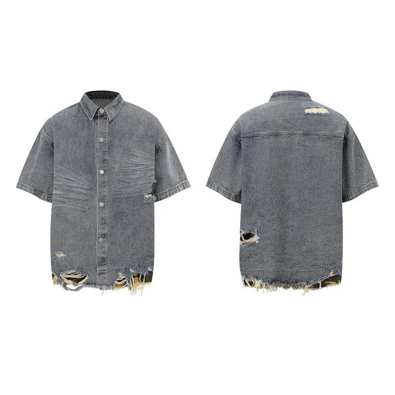 Women's leopard print denim short sleeve top and matching shorts with cut edge stitching.