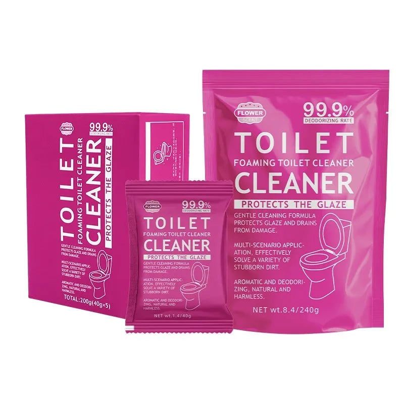 Box and large bag of toilet bubble effervescent powder cleaner for descaling.