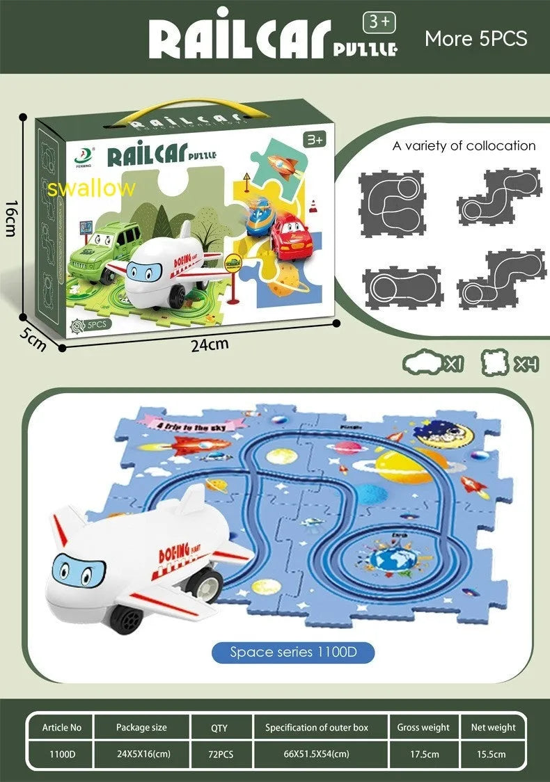 Children puzzle electric railroad speeder with DIY assembly track and automatic car, dinosaur theme