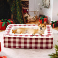 Classic plaid dog cushion with removable cover in red, shown next to a measuring tape indicating its size.