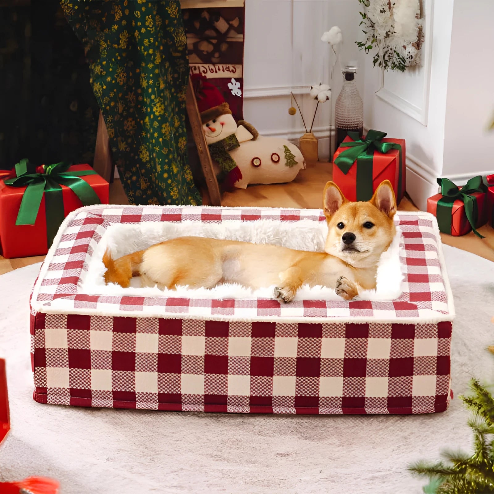 Classic plaid dog cushion with removable cover in red, shown next to a measuring tape indicating its size.