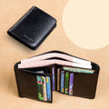 Men's black leather wallet open, showing internal card slots, photo slot, change pocket and hidden compartment.