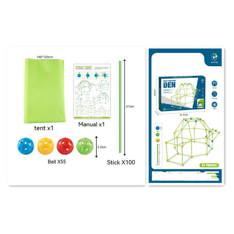 Luminous children's fort building kit with plastic sticks and connector balls for constructing castles and play tents