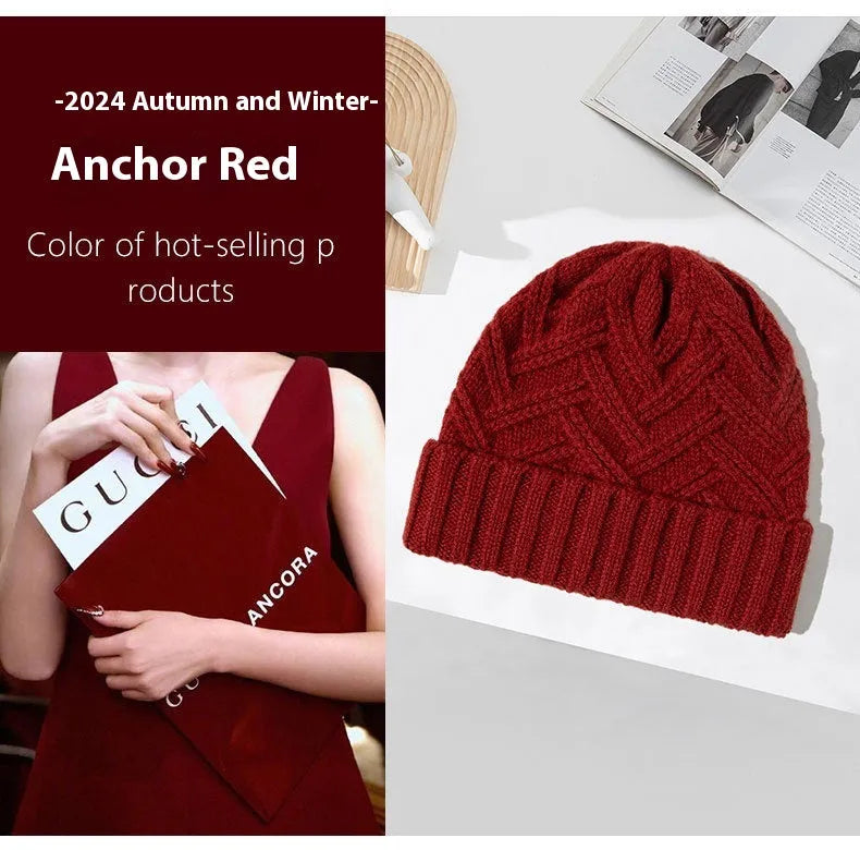 Wool knitted dome crown beanie hat for women in ankela red with a totem pattern.